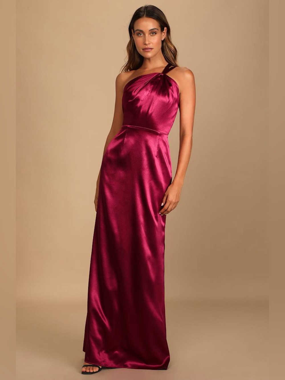 Lulus Devotion to Love Wine Satin One-Shoulder Maxi Dress small